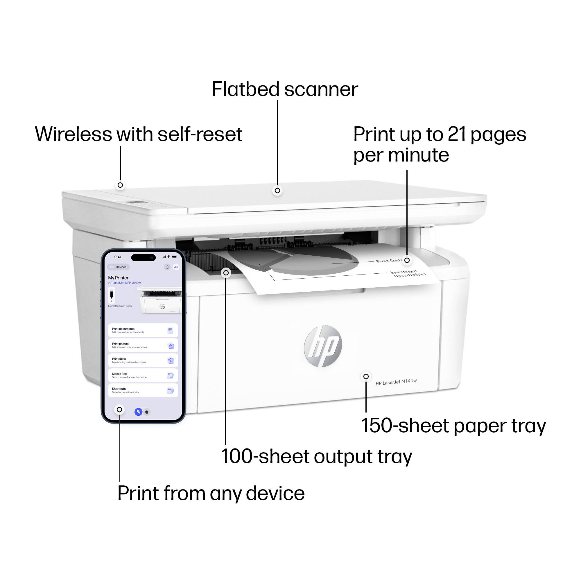- Flatbed scanner
- Wireless with self-reset
- Print up to 21 pages per minute
- 150-sheet paper tray
- 100-sheet output tray
- Print from any device