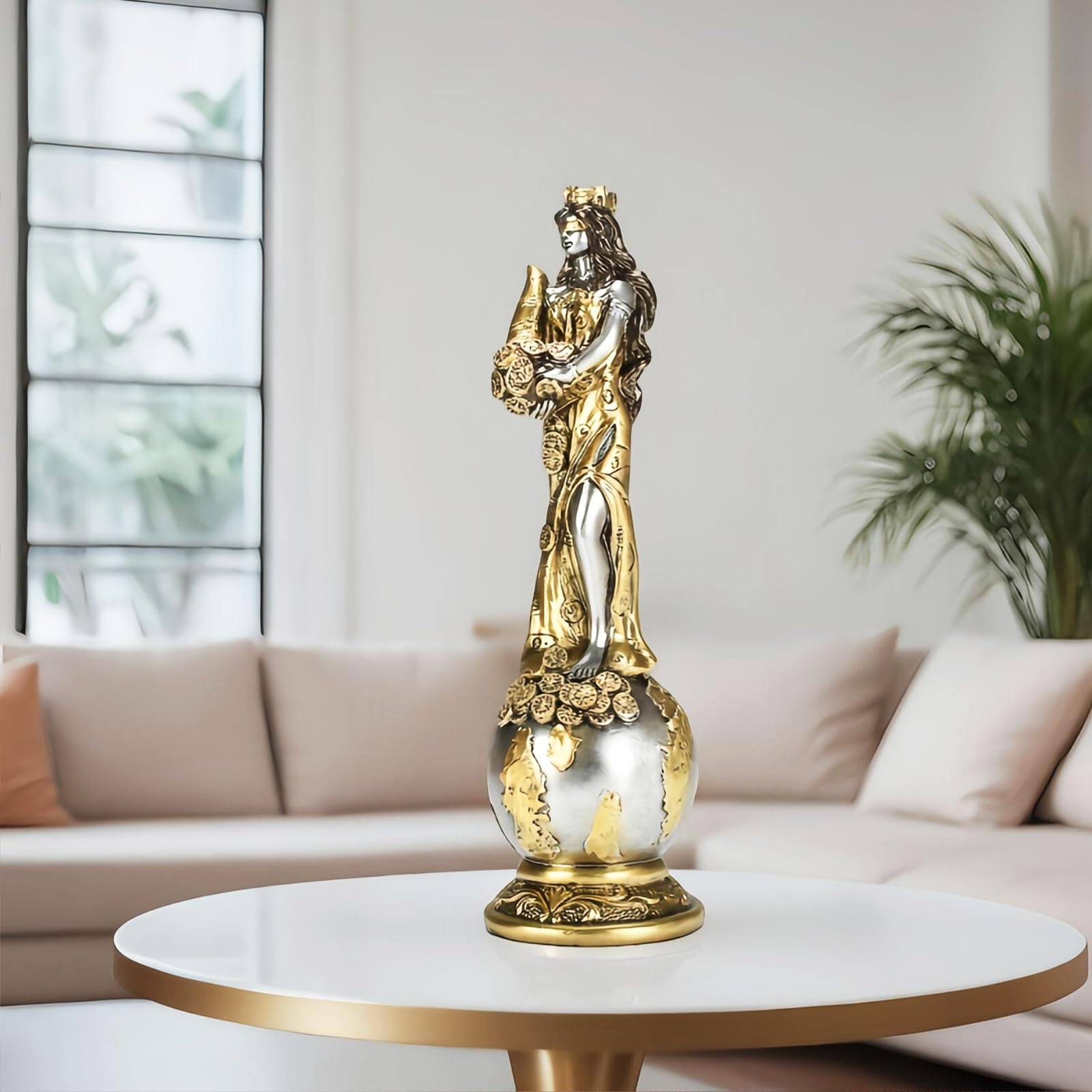 Alt View 7. Refined Abode Design - 9. Fortuna Greek Goddess Of Fortune Statue Mother Freya On Globe Sculpture Home Decor Ancient Rosmerta - Silver and Gold.
