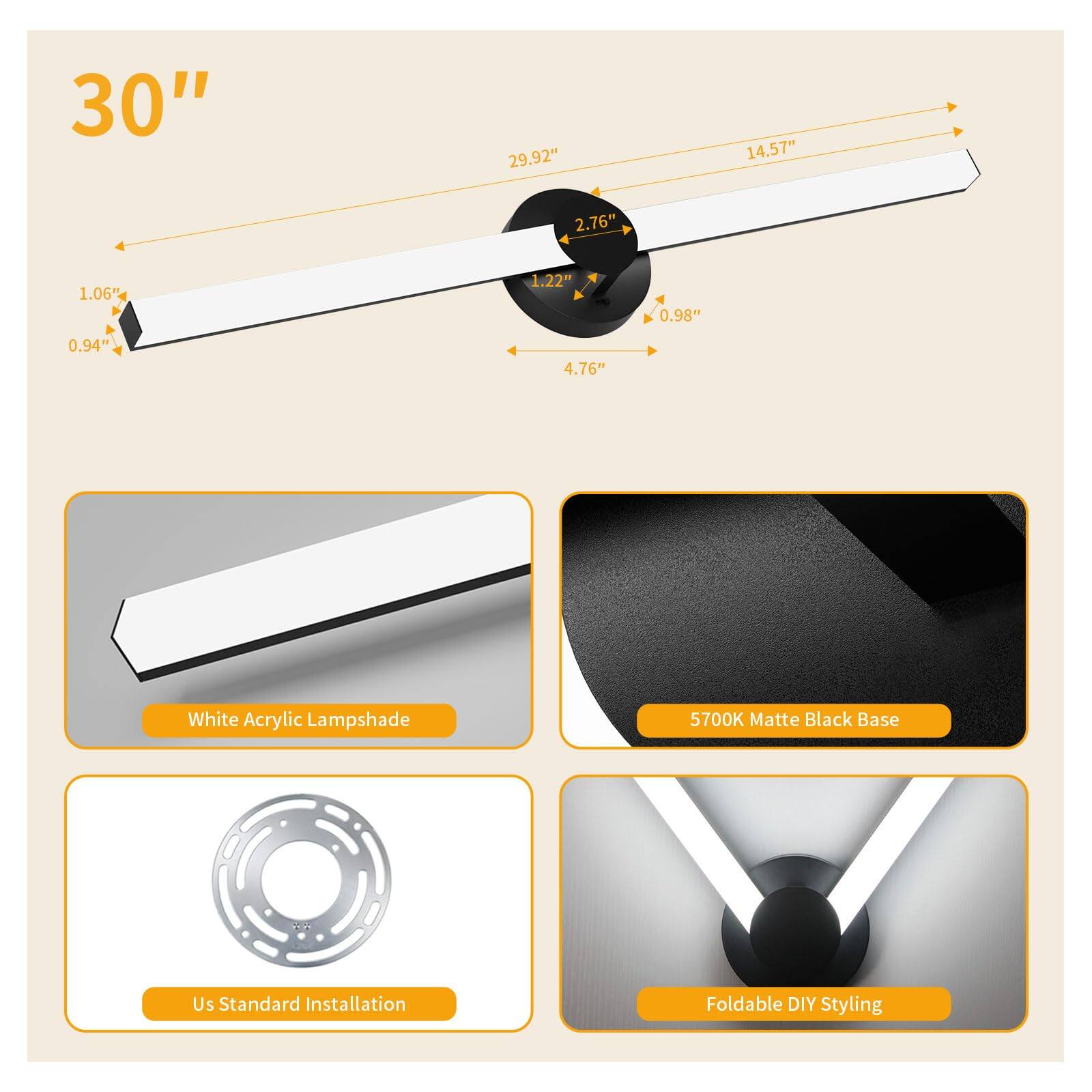 30"  
29.92"  
14.57"  
2.76"  
1.06"  
1.22"  
0.98"  
0.94"  
4.76"  

White Acrylic Lampshade  
5700K Matte Black Base  
Us Standard Installation  
Foldable DIY Styling
