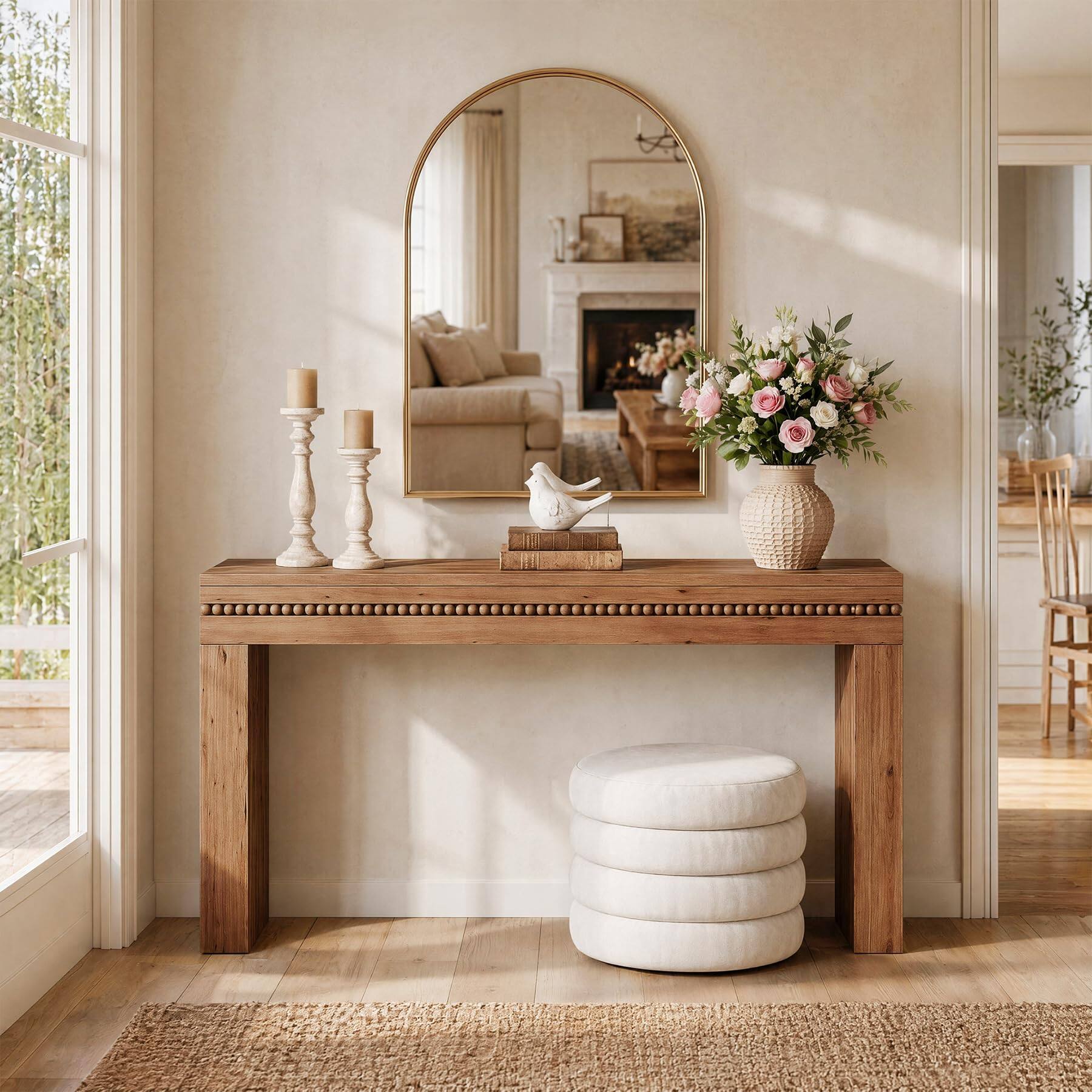 Left. Tribesigns - 63" Solid Wood Long Console Tables for Entryway, Beaded Trim, Thick Tabletop & Legs, Farmhouse Sofa Table Behind Couch f - Honey Brown.
