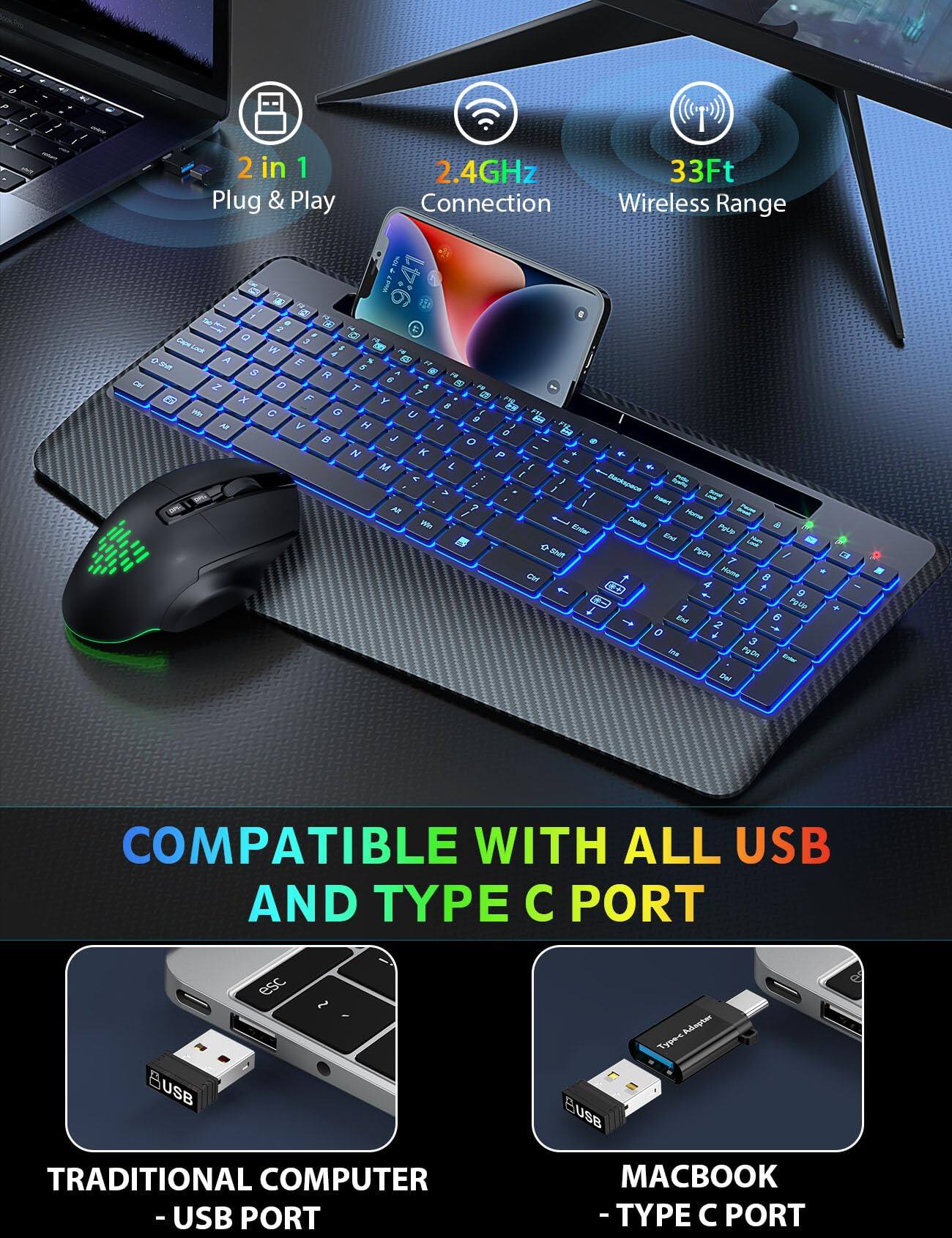 - 0 P / / / 02 The
- I
- 2 in 1 Plug & Play
- 2.4GHz 33Ft Connection Wireless Range
- Shat
- 2 Q 3 Look W 4  FL X G 6  S R K FB 6  Z D T a Y 25 x F Y 5 -  G U g  V H 1 o B J o N K P M L. L : > AR ? Win
- e  a  I J , Backspace - I Insent Cholade Home Enter POUP a End = Shift PyOn / 10 7 Home . Gtf  8 4 + 9 5 Pg Up t 1 +  Ent 6 2 0 + 3 Ins F2Dn Exter Del
- COMPATIBLE WITH ALL USB AND TYPE C PORT
- esc USB TRADITIONAL COMPUTER -USB PORT
- Type-c Adapter BUSB MACBOOK -TYPE C PORT