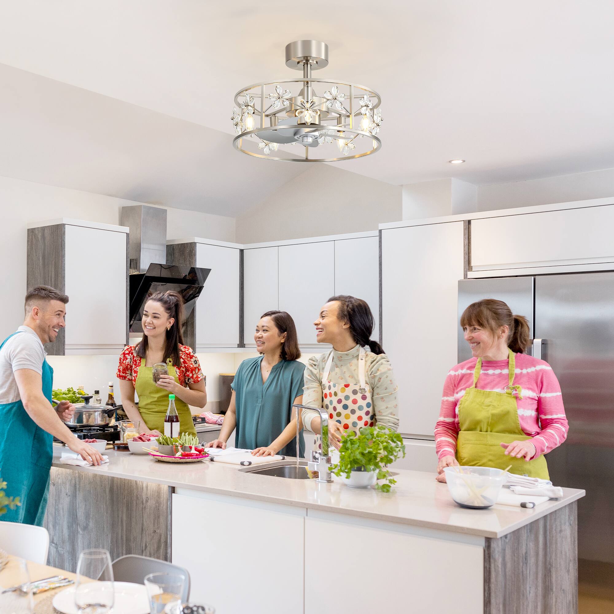 Left. Breezary - 20-Inch Crystal Cage Ceiling Fan with 5-Light Fixture, ABS Blades, Tilt-Mount Downrod, DC Motor and Remote Control - Satin Nickel and Silver.