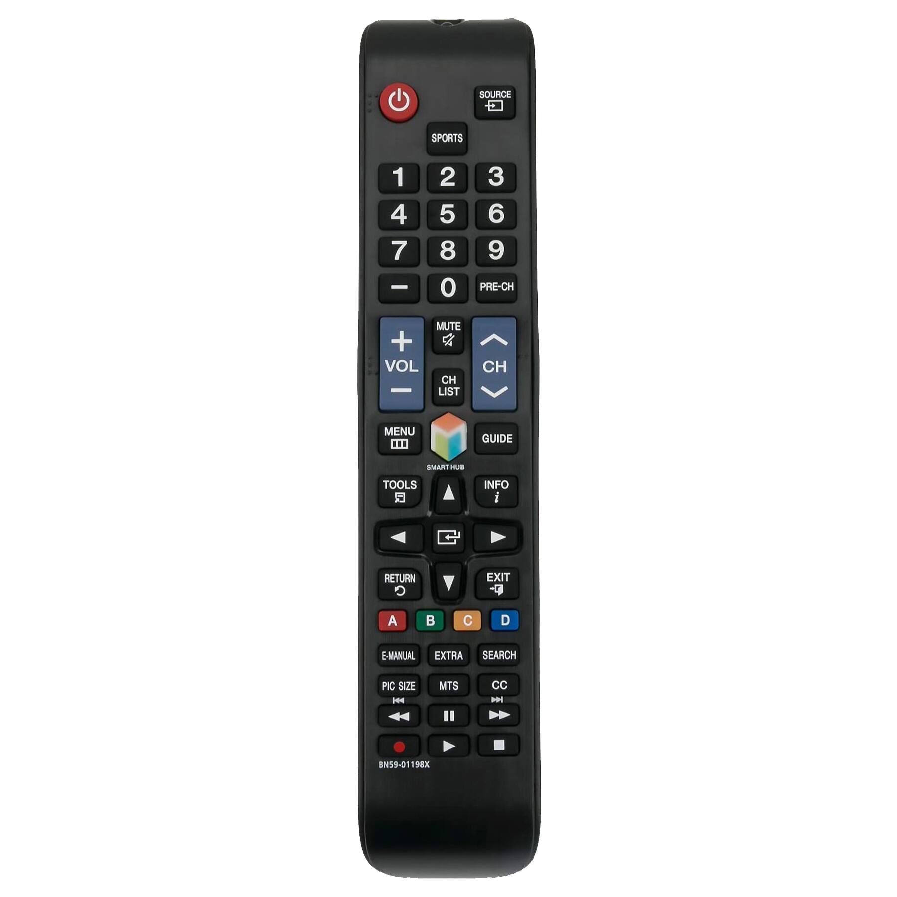 SOURCE SPORTS 1 2 3 4 5 6 7 8 9 0 PRE-CH MUTE + VOL CH - LIST CH MENU ... GUIDE SMART TOOLS INFO i RETURN EXIT A B C D E-MANUAL EXTRA SEARCH PIC SIZE MTS CC P e BN59-0119EX
