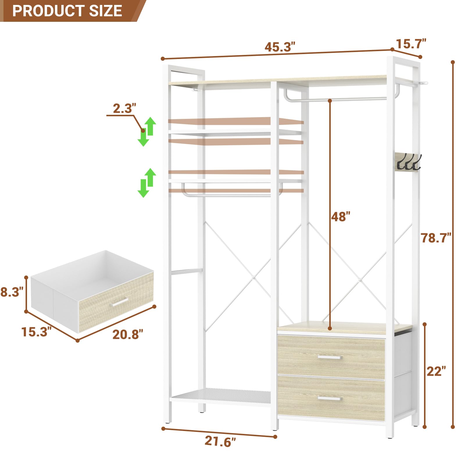 PRODUCT SIZE

- 45.3"
- 15.7"
- 2.3"
- 48"
- 78.7"
- 8.3"
- 15.3"
- 20.8"
- 22"
- 21.6"