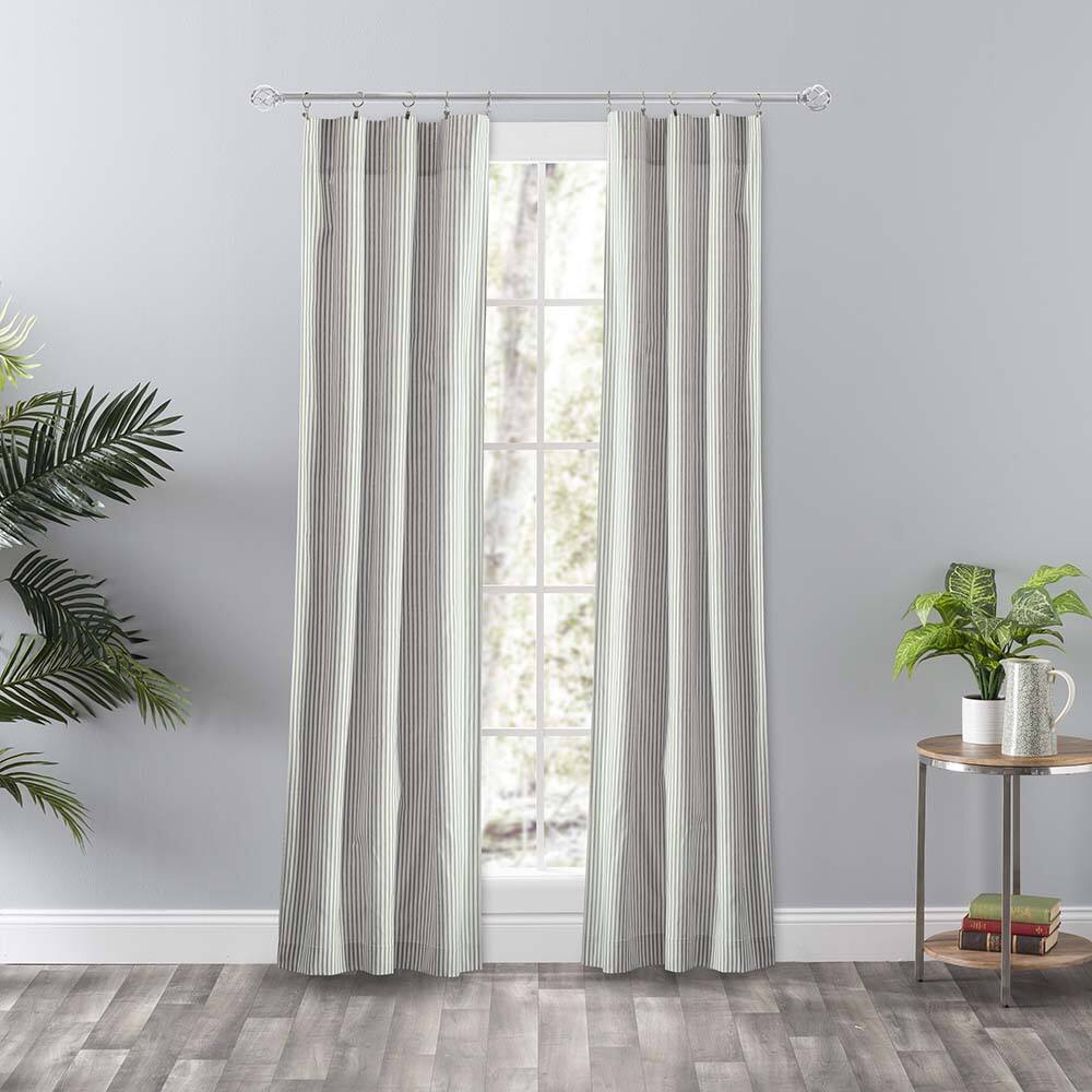 Angle. Ellis Curtain - Ellis Curtain Plaza Classic Ticking Stripe Printed 3" Rod Pocket Tailored Panel Pair with Tiebacks 56" x 84" Sage - Sage.