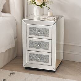 Loheer - 3 Drawer Mirrored Nightstand, Bedroom Side Table with Crystal Handles - Silver