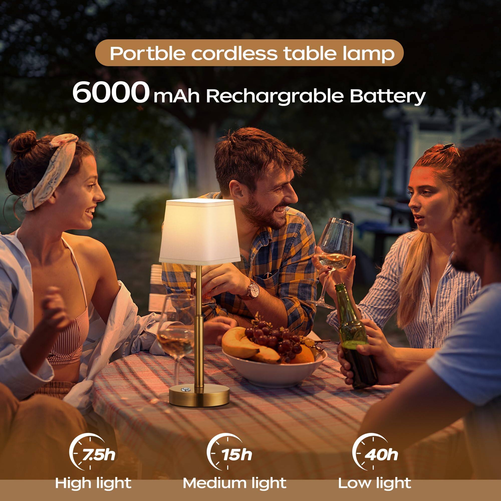 Portable cordless table lamp  
6000 mAh Rechargeable Battery  

- 7.5h High light  
- 15h Medium light  
- 40h Low light