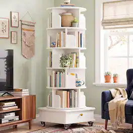 Aheaplus - 6-Tier Rotating Bookshelf: Lockable Wheels & Hidden Drawer, Adjustable Height - White