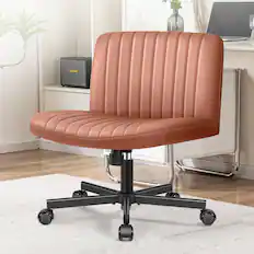 Front. KERDOM - Armless Wide Seat PU leather Vanity Chair with Wheels, Mid Back Swivel Cross Legged Office Chair, Height Adjustable - Brown.