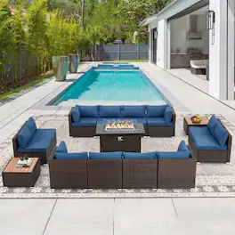 U-HOMY - Patio Conversation Set with Fire Pit Table – 12-Person All-Weather Wicker Outdoor Furniture Set - Blue