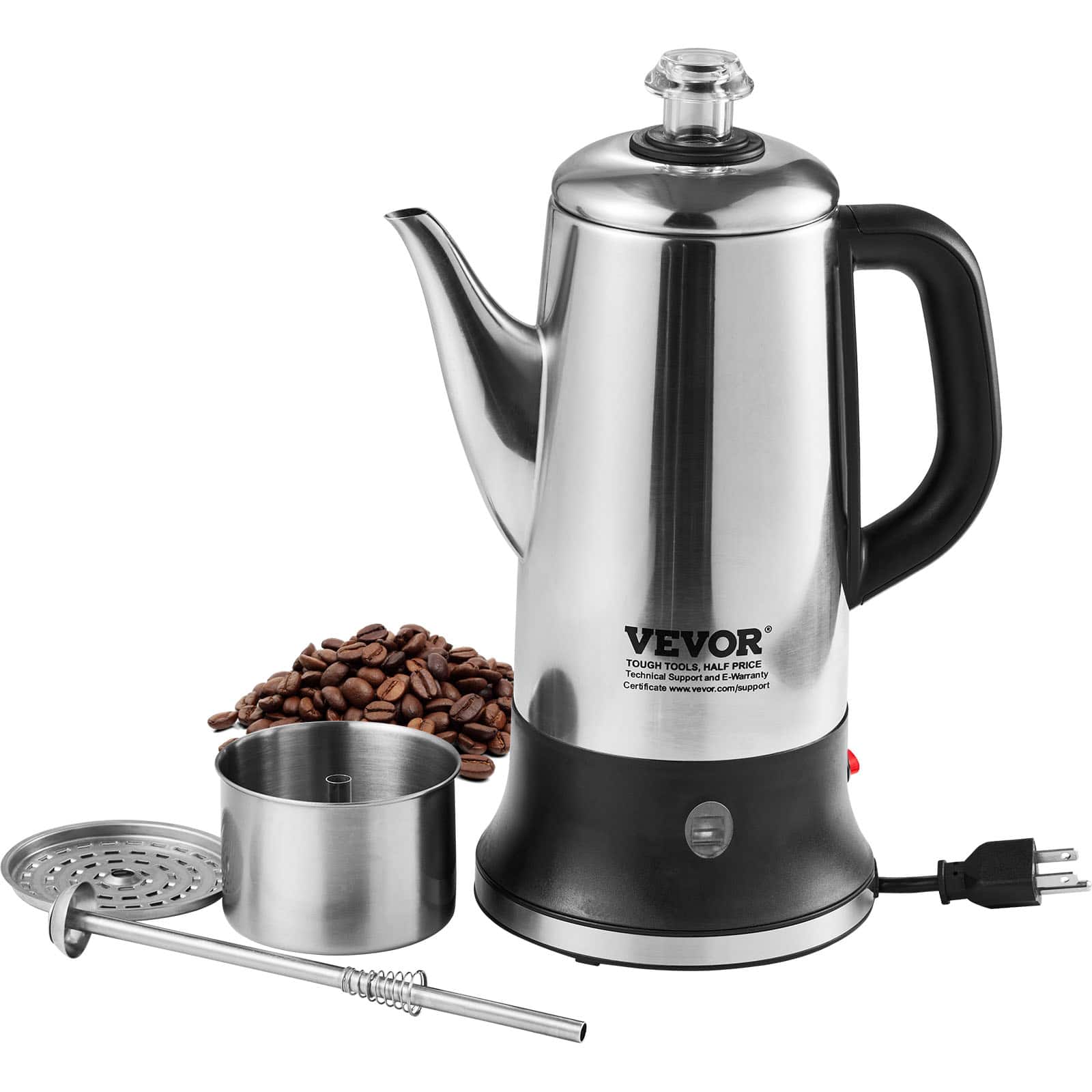 VEVOR - 12-Cup Electric Percolator Coffee Pot, 304 Stainless Steel Body Coffee Percolator with Keep Warm Function - Silver;Black