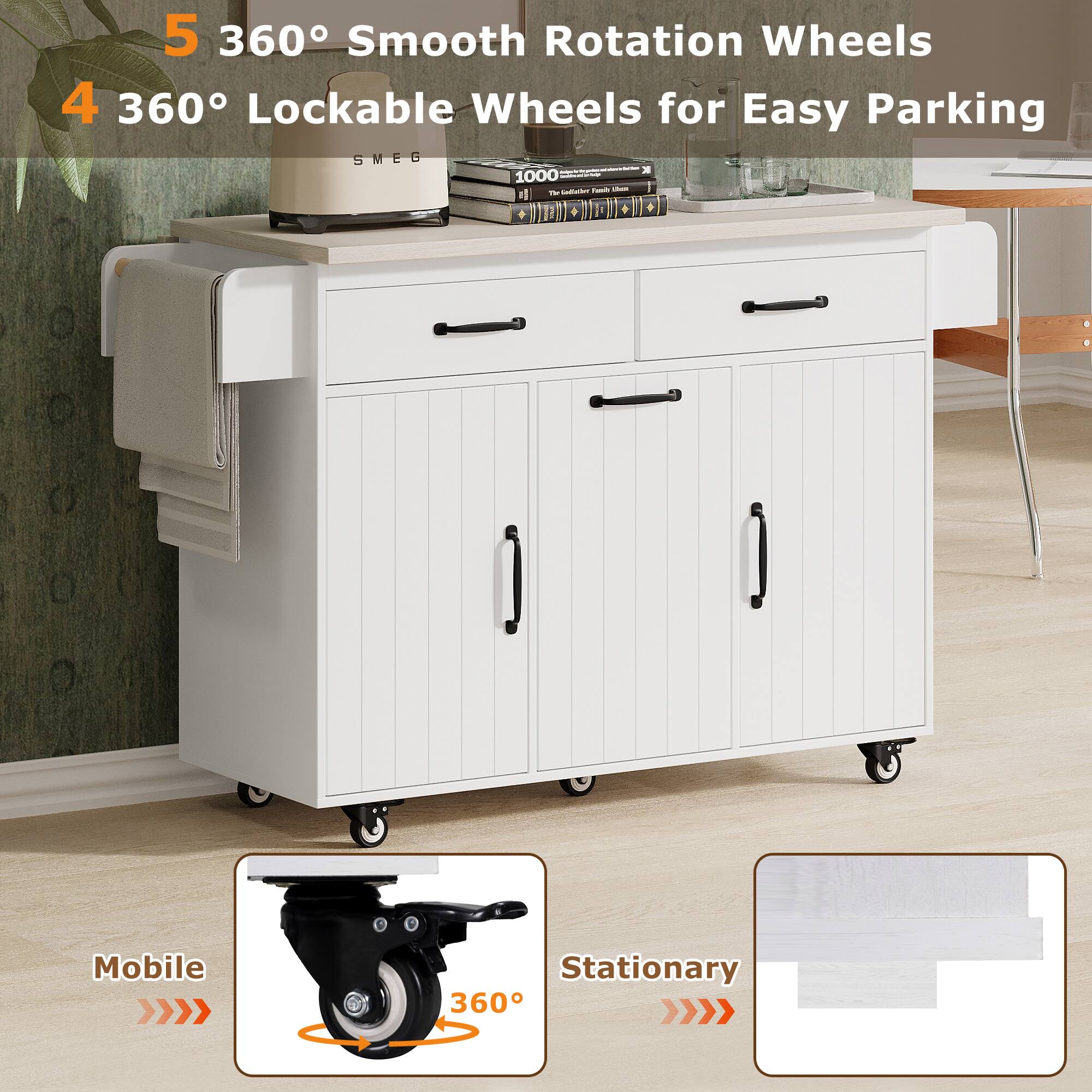 5 360° Smooth Rotation Wheels  
4 360° Lockable Wheels for Easy Parking  

Mobile  
Stationary