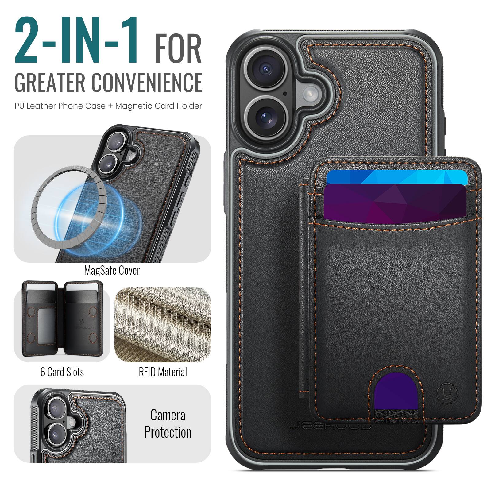 2-IN-1 FOR GREATER CONVENIENCE  
PU Leather Phone Case + Magnetic Card Holder  
MagSafe Cover  
6 Card Slots  
RFID Material  
Camera Protection
