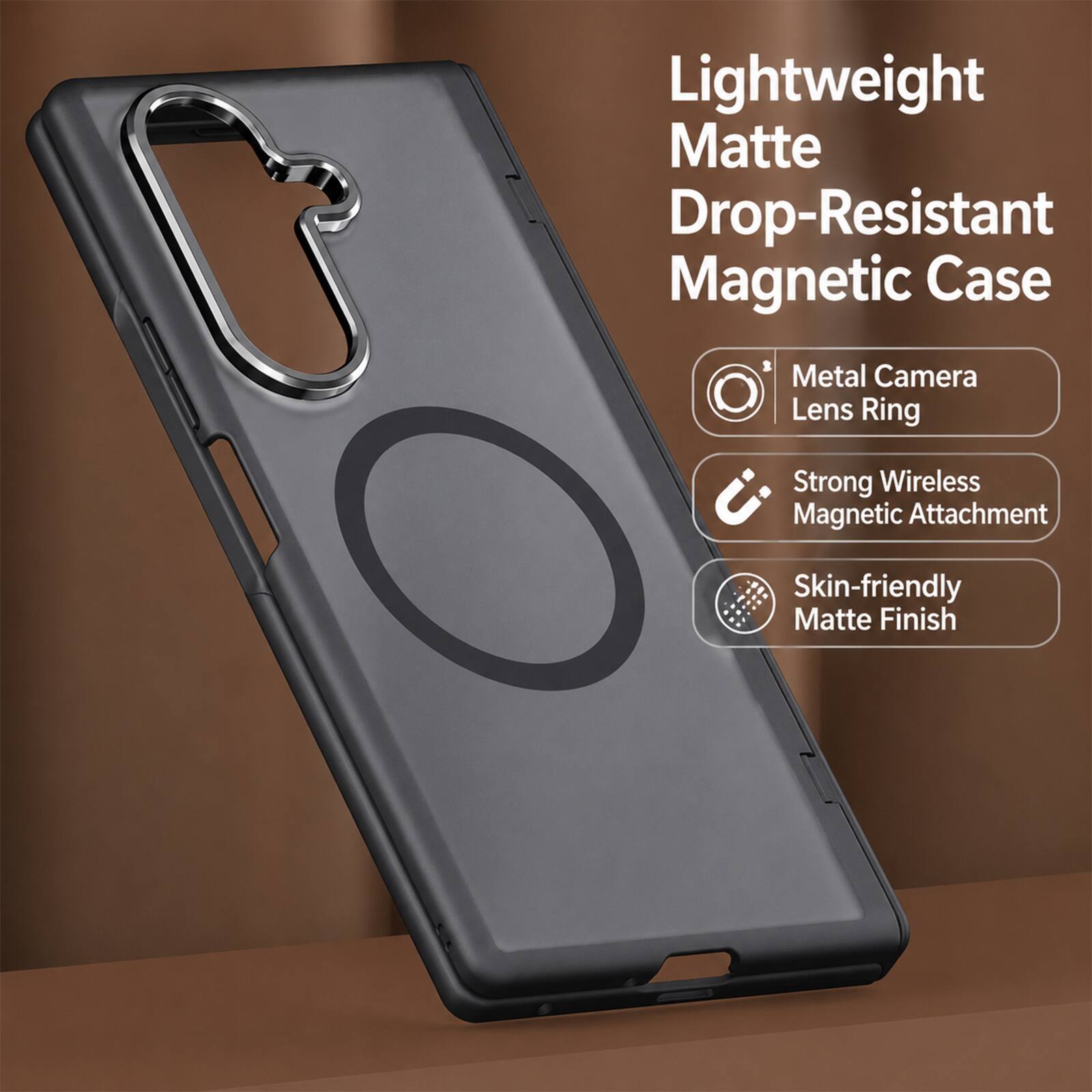 Lightweight Matte Drop-Resistant Magnetic Case

Metal Camera Lens Ring

Strong Wireless Magnetic Attachment

Skin-friendly Matte Finish