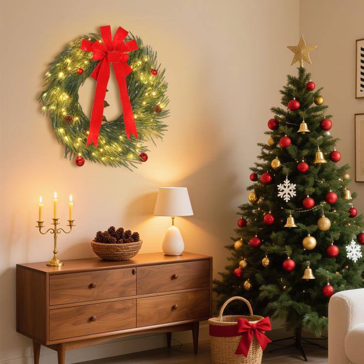 Alt View 7. PULUZ - 36 Inch Christmas Wreath for Front Door with LED Lights, Prelit Christmas Wreath with 8 Modes and Ornaments - Green.
