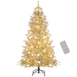 Costway - 6 FT Snow-flocked Artificial Christmas Tree with 51 Sphere Lights 250 LED Lights - Green,White