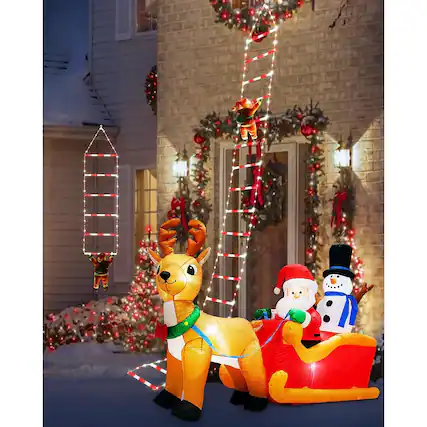 Front. MOSZAR LLC - LED Christmas Ladder Lights with Santa, 10ft, White & Red, Indoor/Outdoor - White & Red.