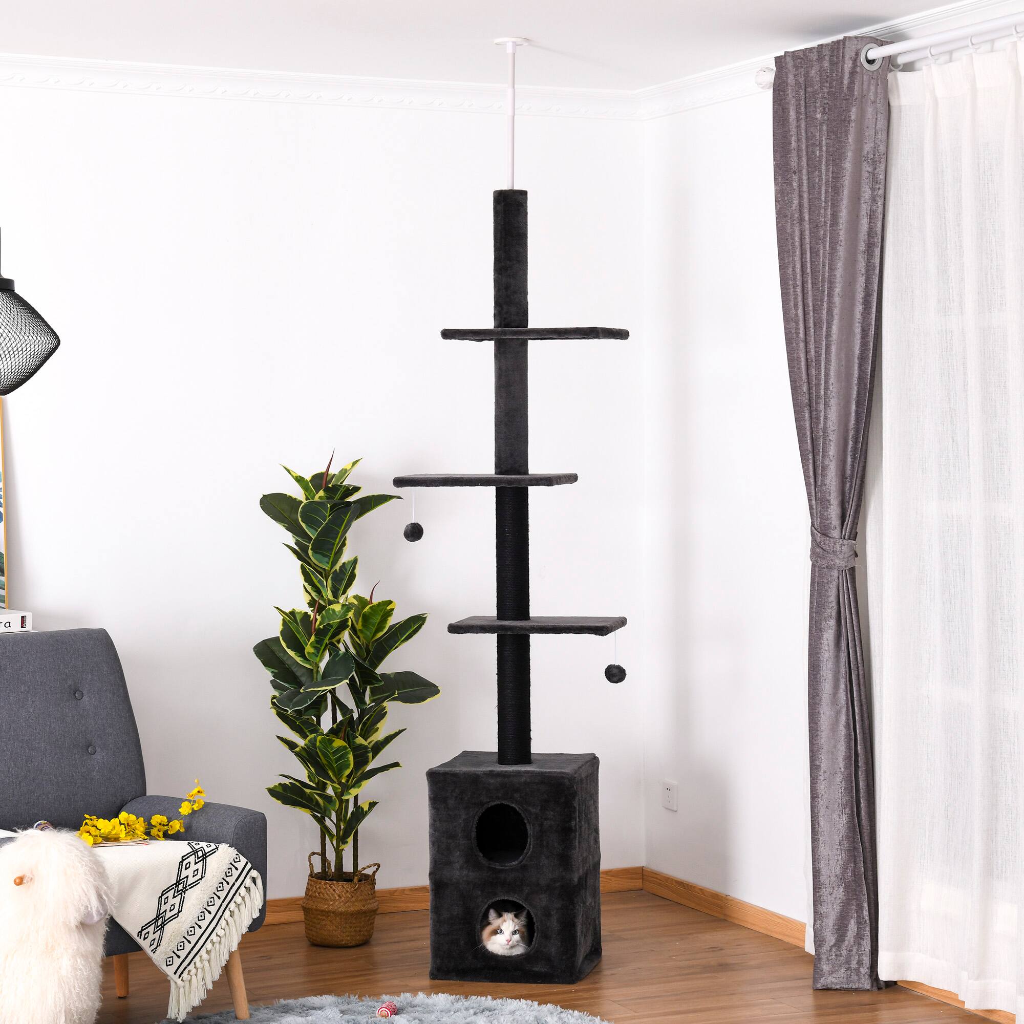 Angle. Pawhut - PawHut Cat Tree Floor to Ceiling Condo w/ Jute Scratching Post Dangling Ball Adjustable 86.5" H -96.5" H, Grey - Grey.