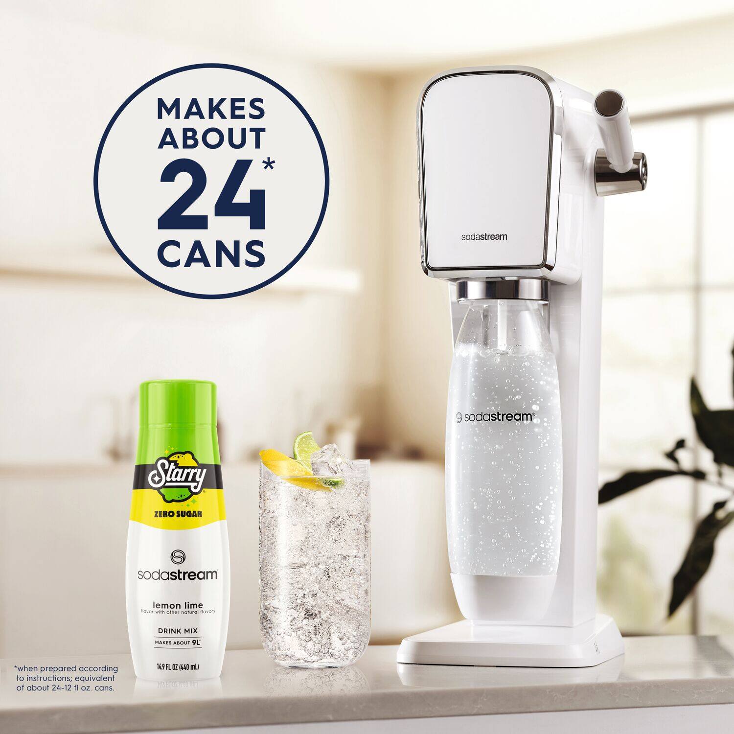 The text on the image reads: "Makes about 24 CANS sodastream 9 sodastream Starry ZERO SUGAR sodastream lemon lime T - other natural flavors ORINK MIX HARES ARUUT SL "when prepared according to instructions: equivalent of about 24-12 1 oZ cans 148FL OZ."