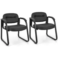 Costway Waiting Room Chair Set of 2 with Sled Base and Padded Arm Rest Home - Black - Front_Zoom