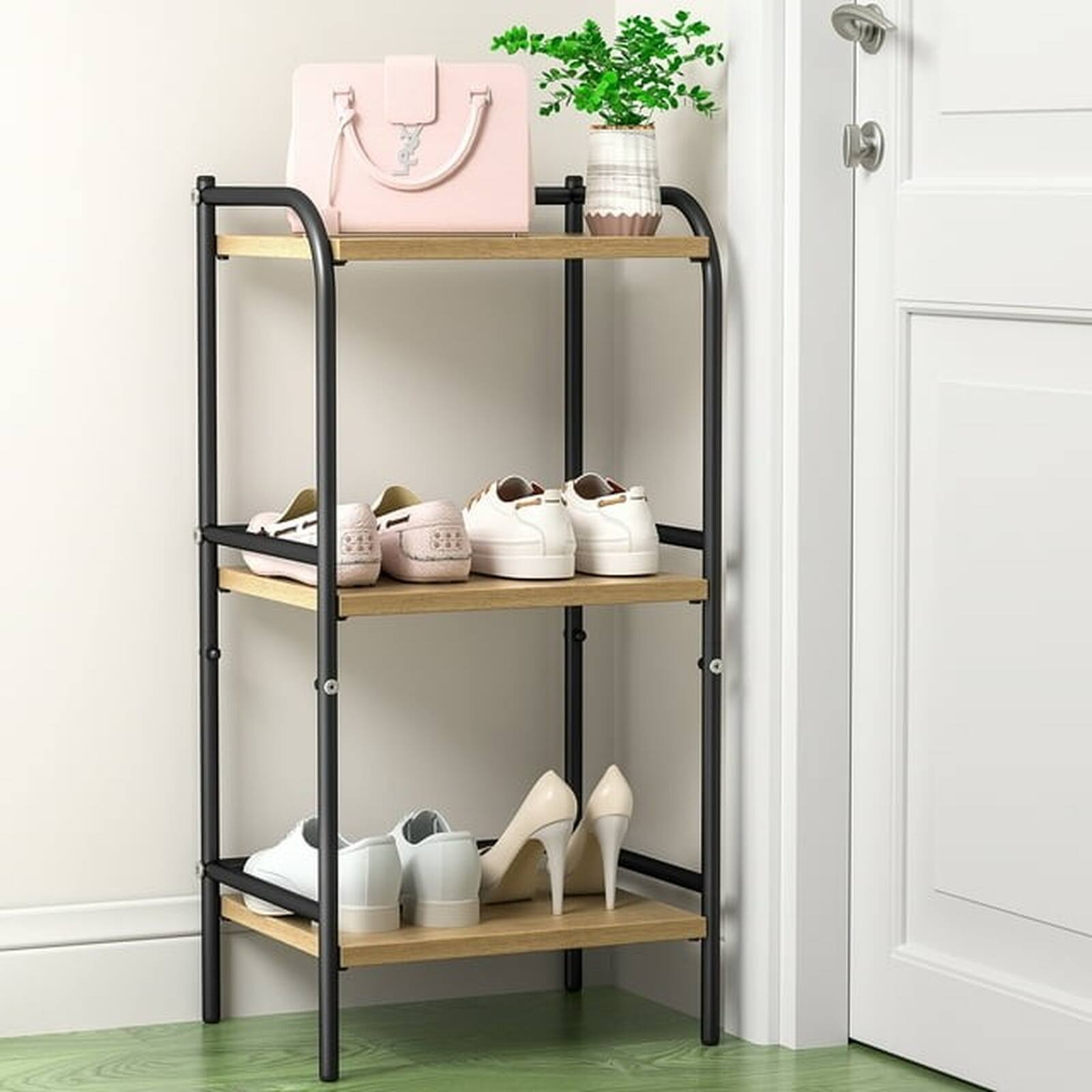 Angle. Sugift - 3-Tier Industrial Bookshelf, Wood and Metal Storage Bookcase for Small Spaces - Beige and black.
