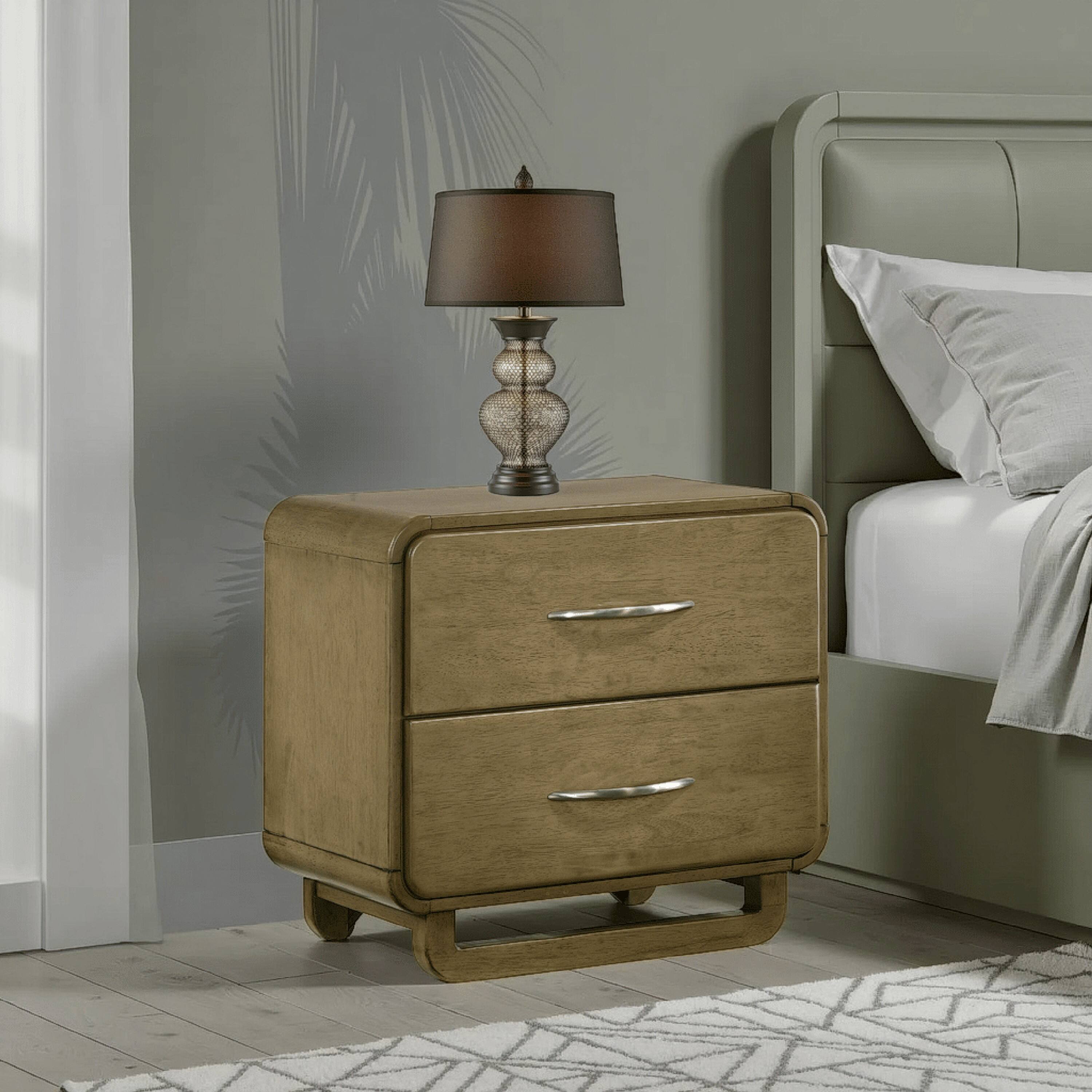 Alt View 2. Manhattan Lane - Deon Nightstand, 2 Drawers w Nickel Handles, Sled Legs, Nutmeg - Nutmeg Brown, Chrome.