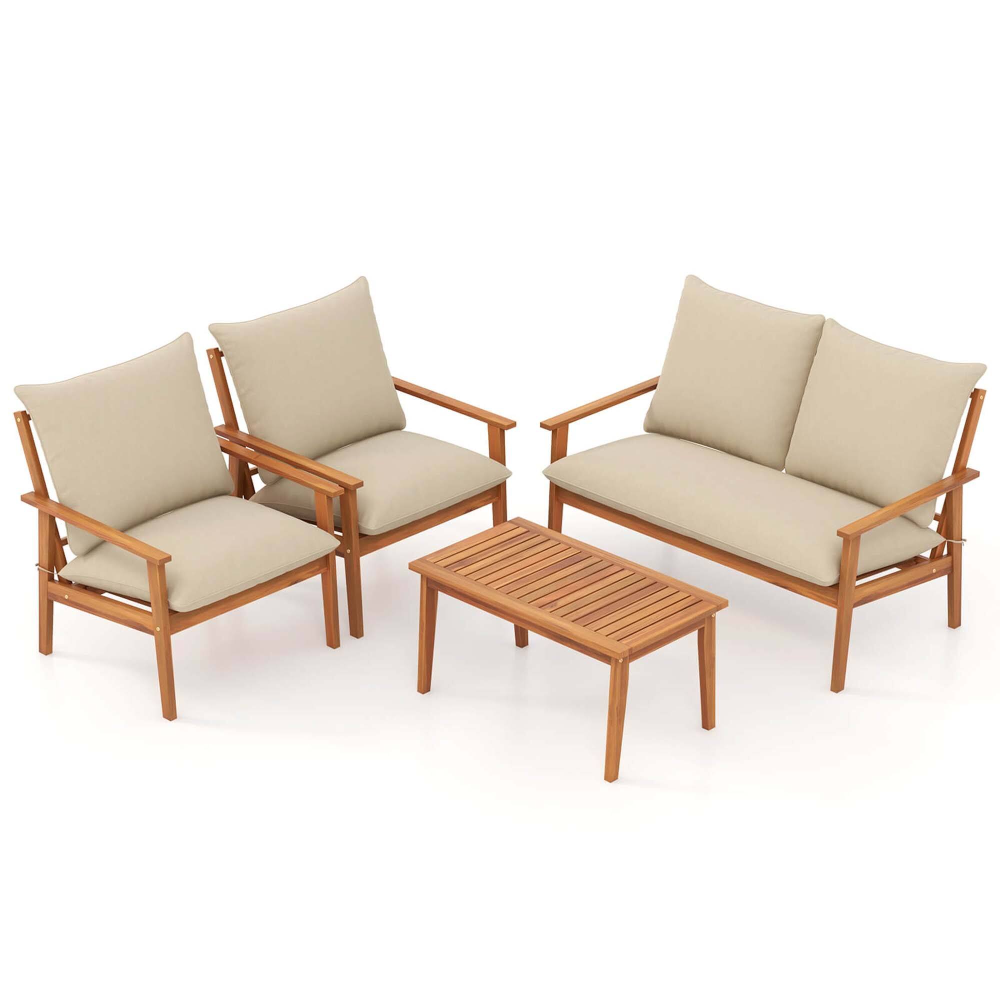 Alt View 4. Gymax - Gymax Set of 4 Patio Acacia Wood Furniture Set w/ Soft Cushions & Coffee Table - Natural, Off White.