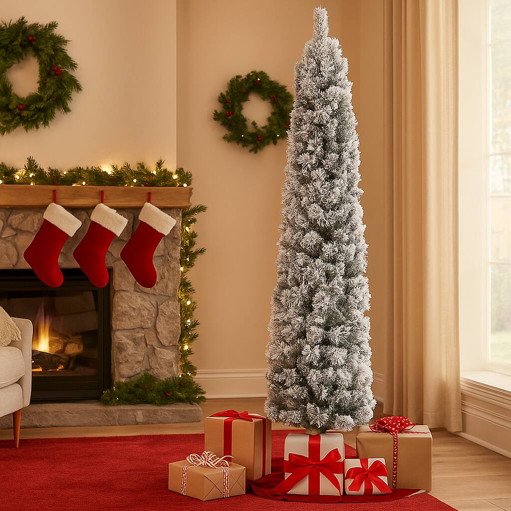 Angle. BreeBe - Flocked Slim Xmas Tree 4.5ft 6ft 7ft with 100 Incandescent Lights & Full Tips - White.