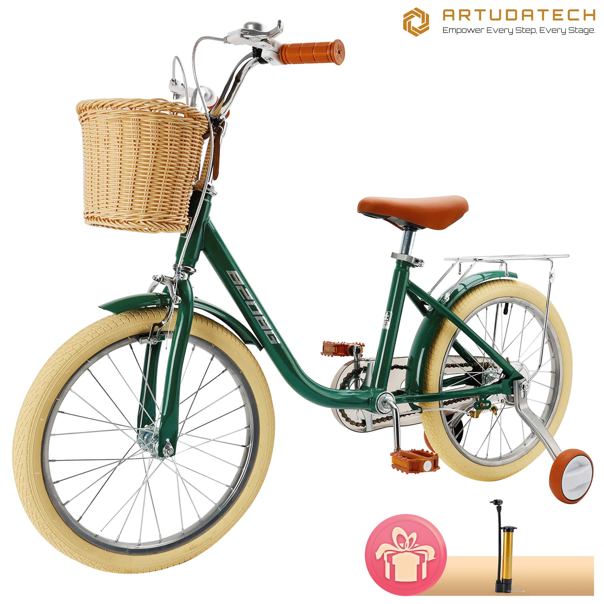 Topteng - 18-Inch Kids Bike with Basket - High-Carbon Steel Frame, Adjustable Seat,Dual Brakes&Training Wheels for Ages 7-9 - Green