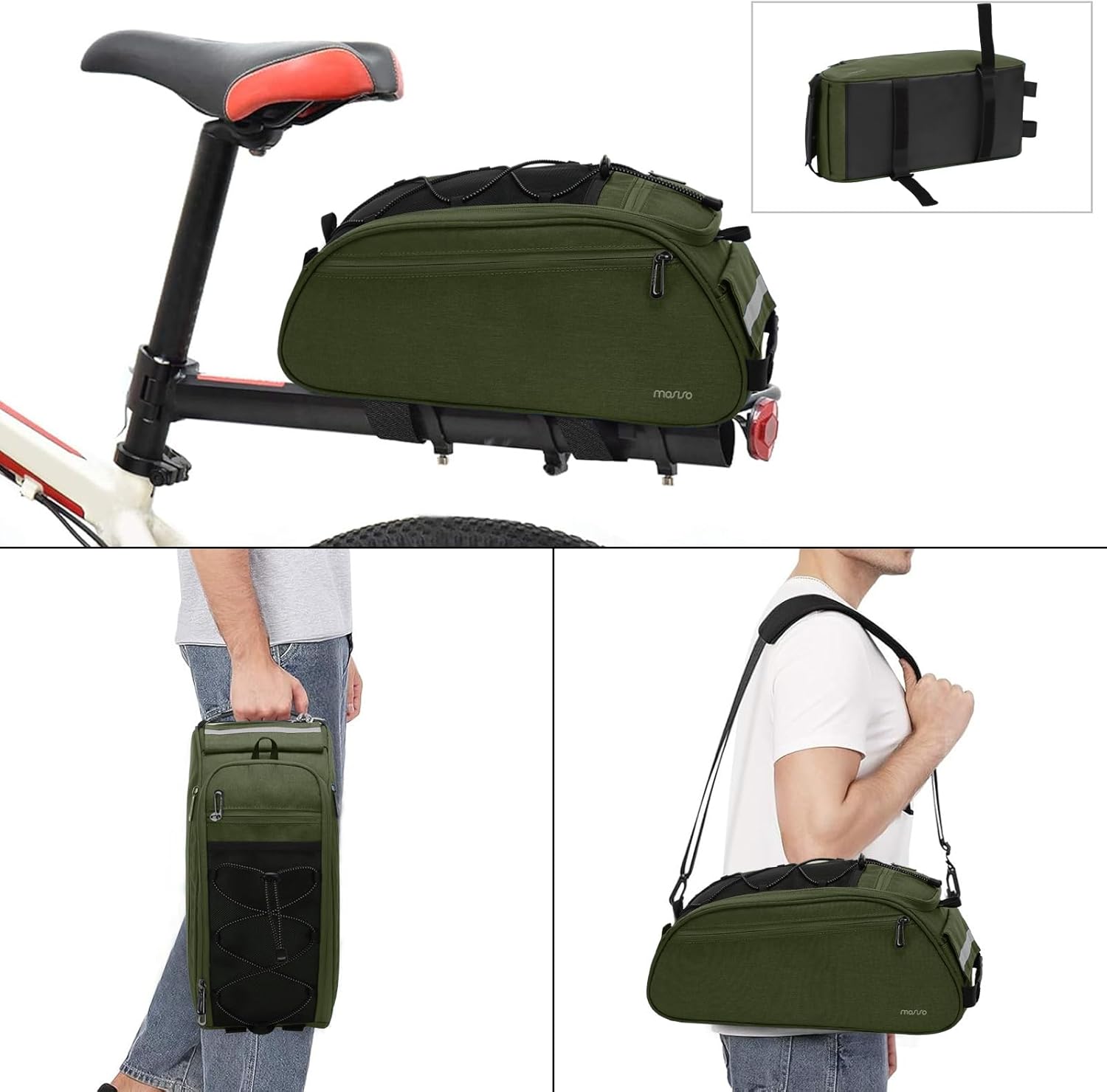Back. mosiso - Bike Rack Bag Waterproof Bicycle Trunk Pannier  Cycling Bike Carrier Backseat Storage Luggage Saddle Shoulder Bag - Olive Green.