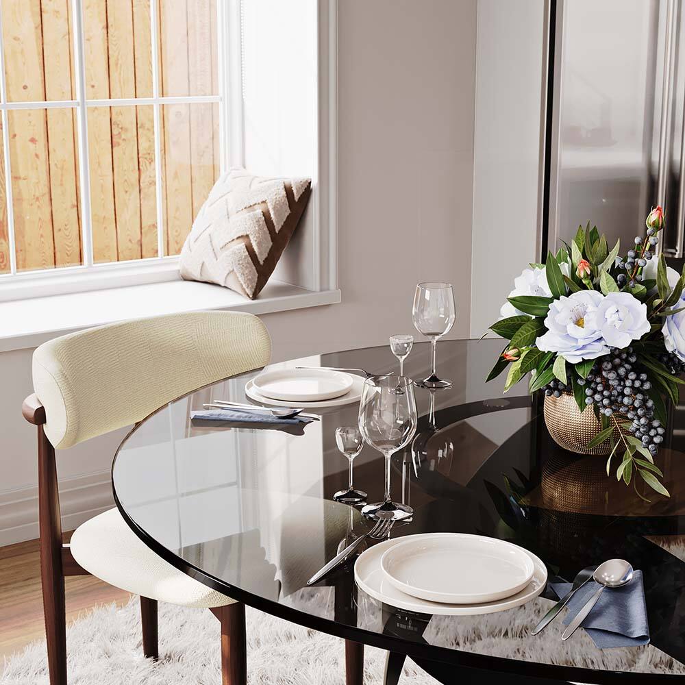 Back. POVISON - 47" Modern Black Round Dining Table For 4, Tempered Glass Tabletop,Carbon Steel Base - Gray Glass & Black Steel Base.