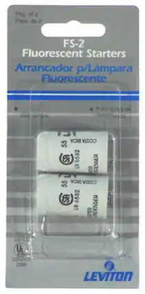 Pkg of 2 Pate de 2 FS-2 Fluorescent Starters Arrancador p/Lámpara Fluorescente wat lamps Pam foccs RICA COSTA 55 SA 6582 TER DENSER RICA COSTA 55 SA 6582 LR UTER ONDENSER LISTED U STARTER 2866 LEVITON