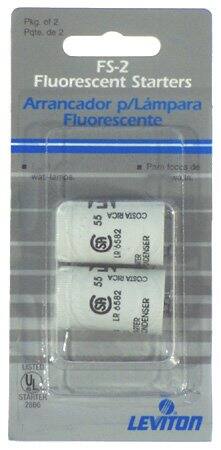 Pkg of 2 Pate de 2 FS-2 Fluorescent Starters Arrancador p/Lámpara Fluorescente wat lamps Pam foccs RICA COSTA 55 SA 6582  TER DENSER RICA COSTA 55 SA 6582 LR UTER ONDENSER LISTED U STARTER 2866 LEVITON