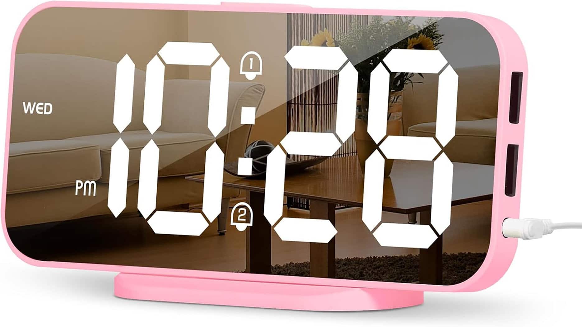 FINEAK - Mirror Digital Alarm Clock Adjustable Brightness, 2 USB Ports - Pink