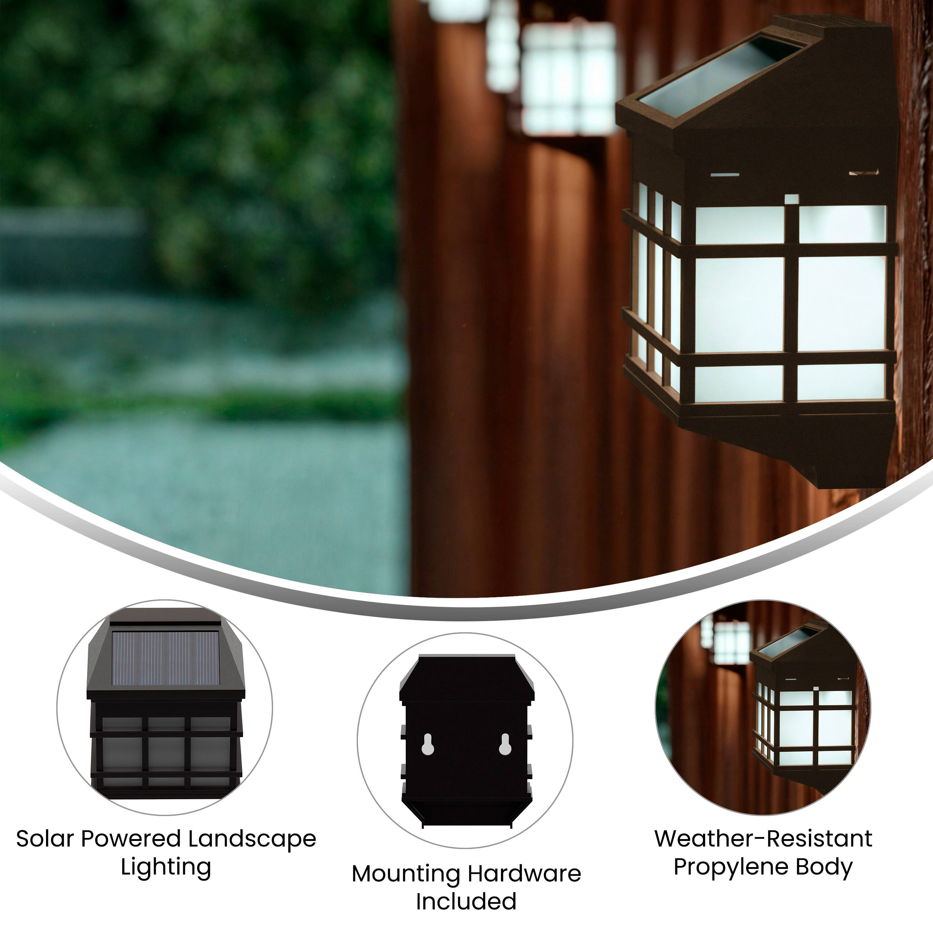 Solar Powered Landscape Lighting  
Mounting Hardware Included  
Weather-Resistant Propylene Body