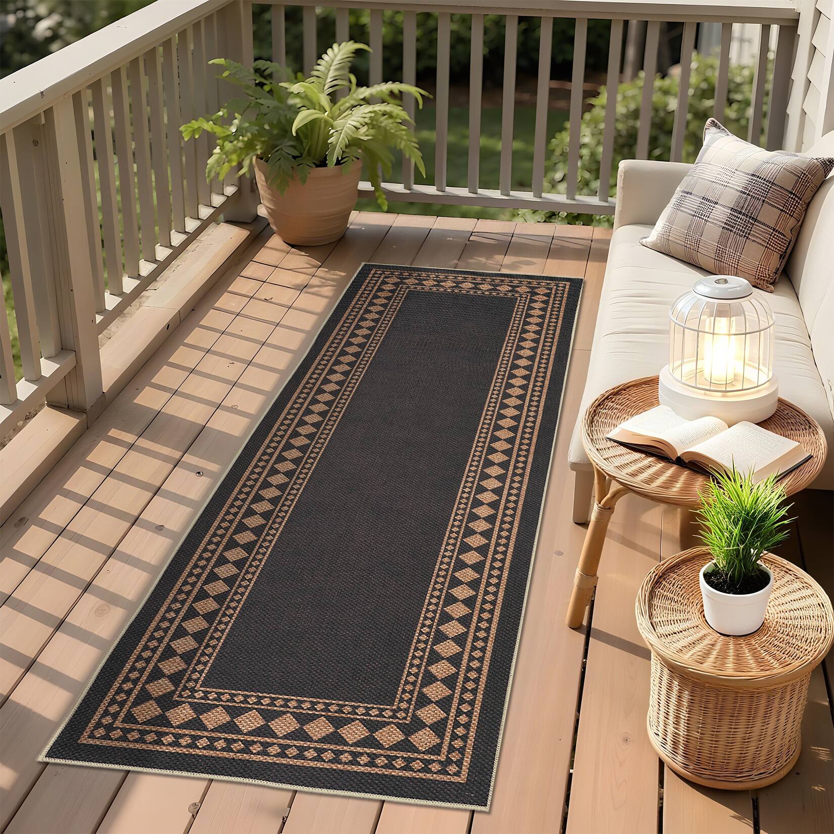 Left. Jojoka - Modern Geometric Border Area Rug Minimalist Machine Washable Non Slip Ultra Thin Low Pile Carpet for High Traffic Areas - Black Coffee.