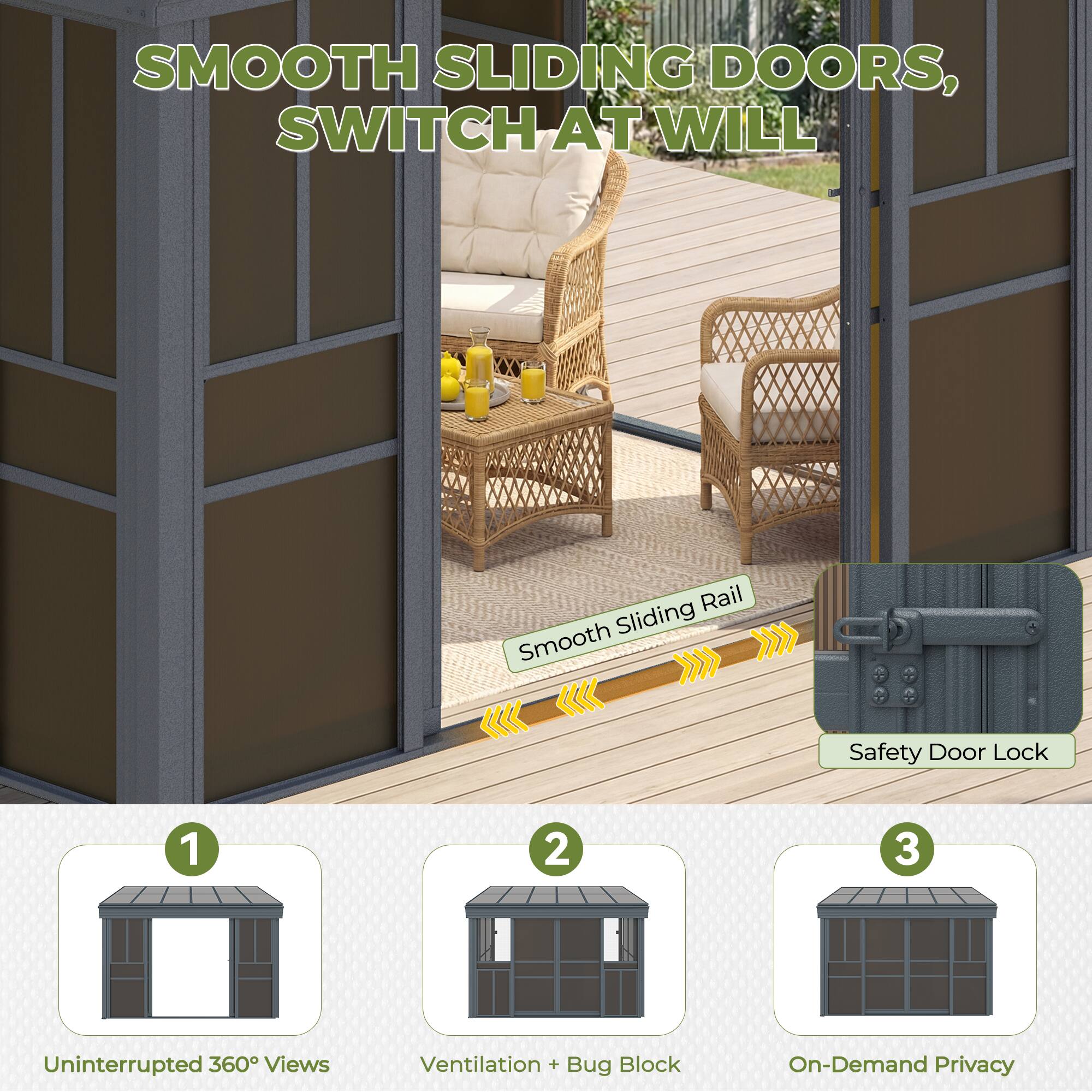 SMOOTH SLIDING DOORS, SWITCH AT WILL

1. Uninterrupted 360° Views
2. Ventilation + Bug Block
3. On-Demand Privacy

Smooth Sliding Rail
Safety Door Lock