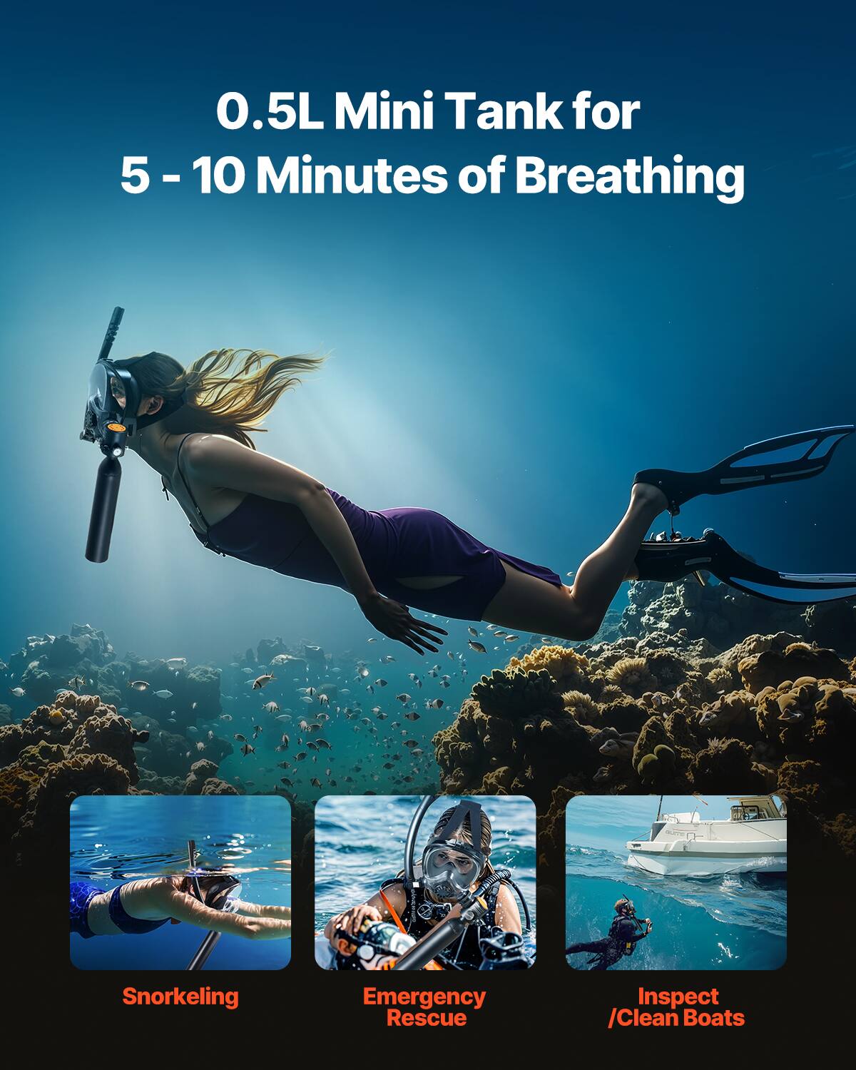 0.5L Mini Tank for 5 - 10 Minutes of Breathing

Snorkeling  
Emergency Rescue  
Inspect / Clean Boats