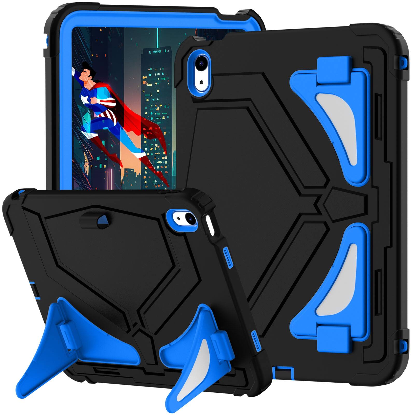 Angle. UUCOVER - Kids Case for iPad (A16) 11-inch 2025 / iPad 10th Gen 10.9" 2022 Shockproof TPU+PC Stand Cover with Shoulder Strap - Black/Blue.