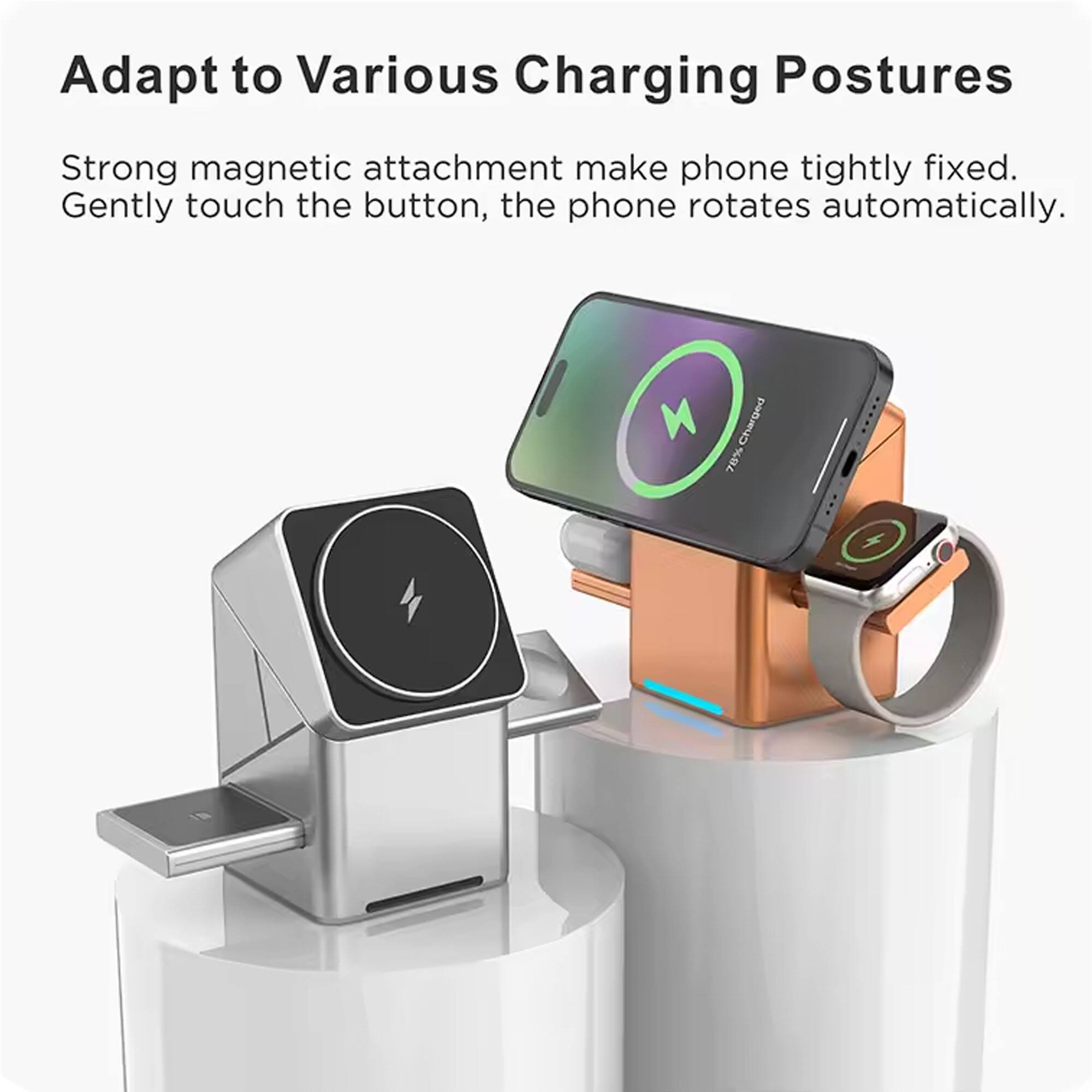 Adapt to Various Charging Postures

Strong magnetic attachment makes phone tightly fixed. Gently touch the button, the phone rotates automatically.