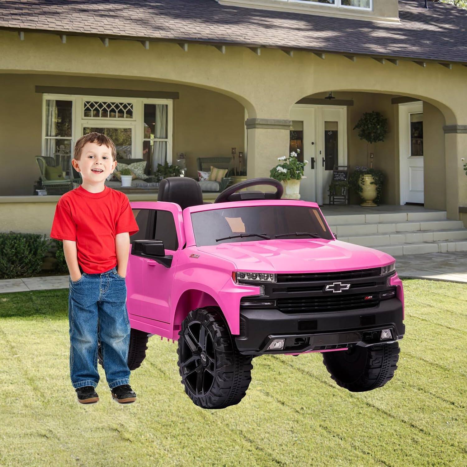 Alt View 2. Qeetex - Licensed Chevrolet Silverado 12V Electric Ride-on Car Truck w/Parent Remote Control, Bluetooth Speaker - Pink.