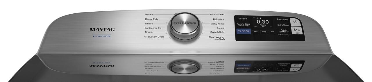 Sure, here is the corrected and grouped text from the image:

**Top Section:**
- MAYTAG
- PET PRO SYSTEM

**Dial Options:**
- Normal
- Heavy Duty
- Whites
- Sanitize
- Towels
- Quick Wash
- Delicates
- Bulky Items
- Colors
- Drain & Spin
- Clean Washer
- EXTRA POWER

**Digital Display:**
- Deep Fill
- 0:30
- Warm
- Delay Start
- Extra Rinse
- Fabric Softener
- Pet Pro
- Spin
- Temp
- Soil
- Remote Start
- Start

**Bottom Section:**
- 0:30
- (Various icons and settings related to the washer's functions)
