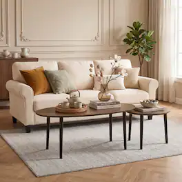 WELLFOR - 2 Pieces Mid Century Nesting Tables, Kidney Shaped Table & Round Coffee Table for Living Room - Walnut