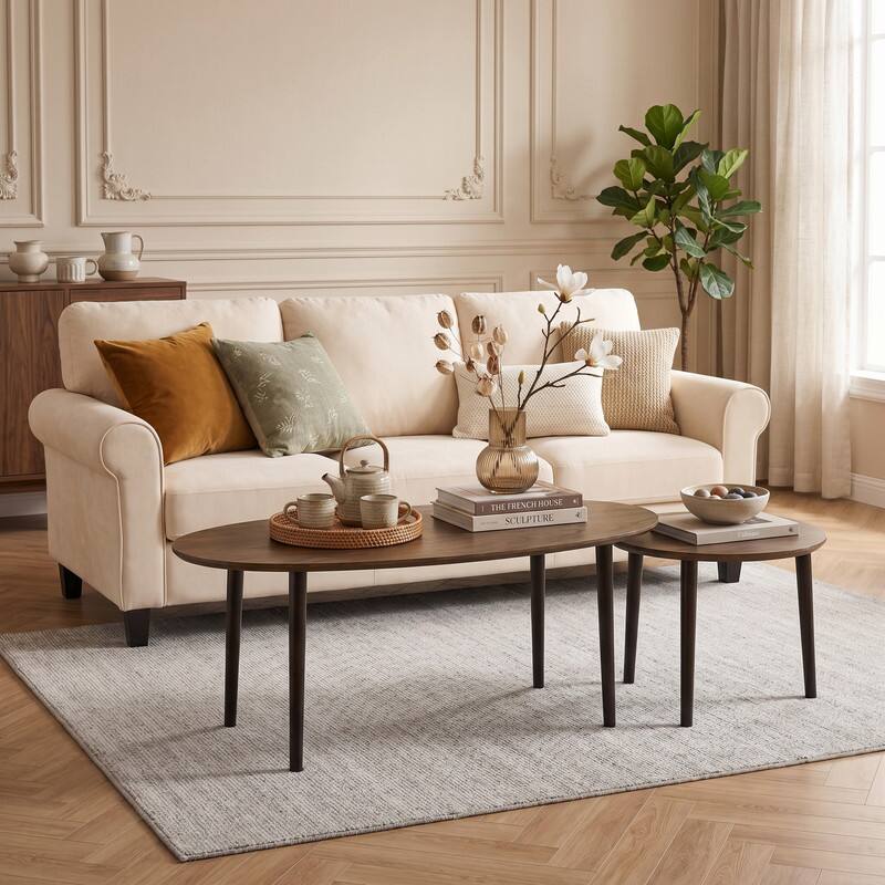 WELLFOR - 2 Pieces Mid Century Nesting Tables, Kidney Shaped Table & Round Coffee Table for Living Room - Walnut