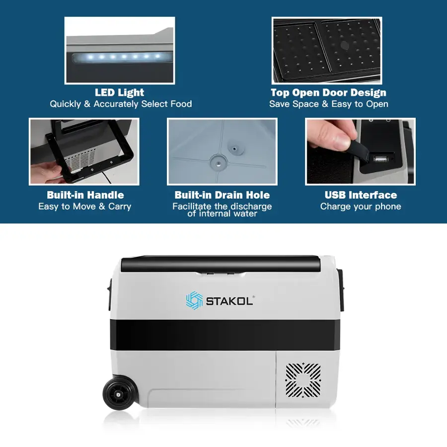 LED Light: Quickly & Accurately Select Food Top Open Door Design: Save Space & Easy to Open Built-in Handle: Easy to Move & Carry Built-in Drain Hole: Facilitate the discharge of internal water USB Interface: Charge your phone STAKOL