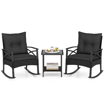 Front. Gymax - Gymax Set of 3 Rattan Rocking Bistro Set w/Tempered Glass Tabletop & Cushions for Porch Black - Black.