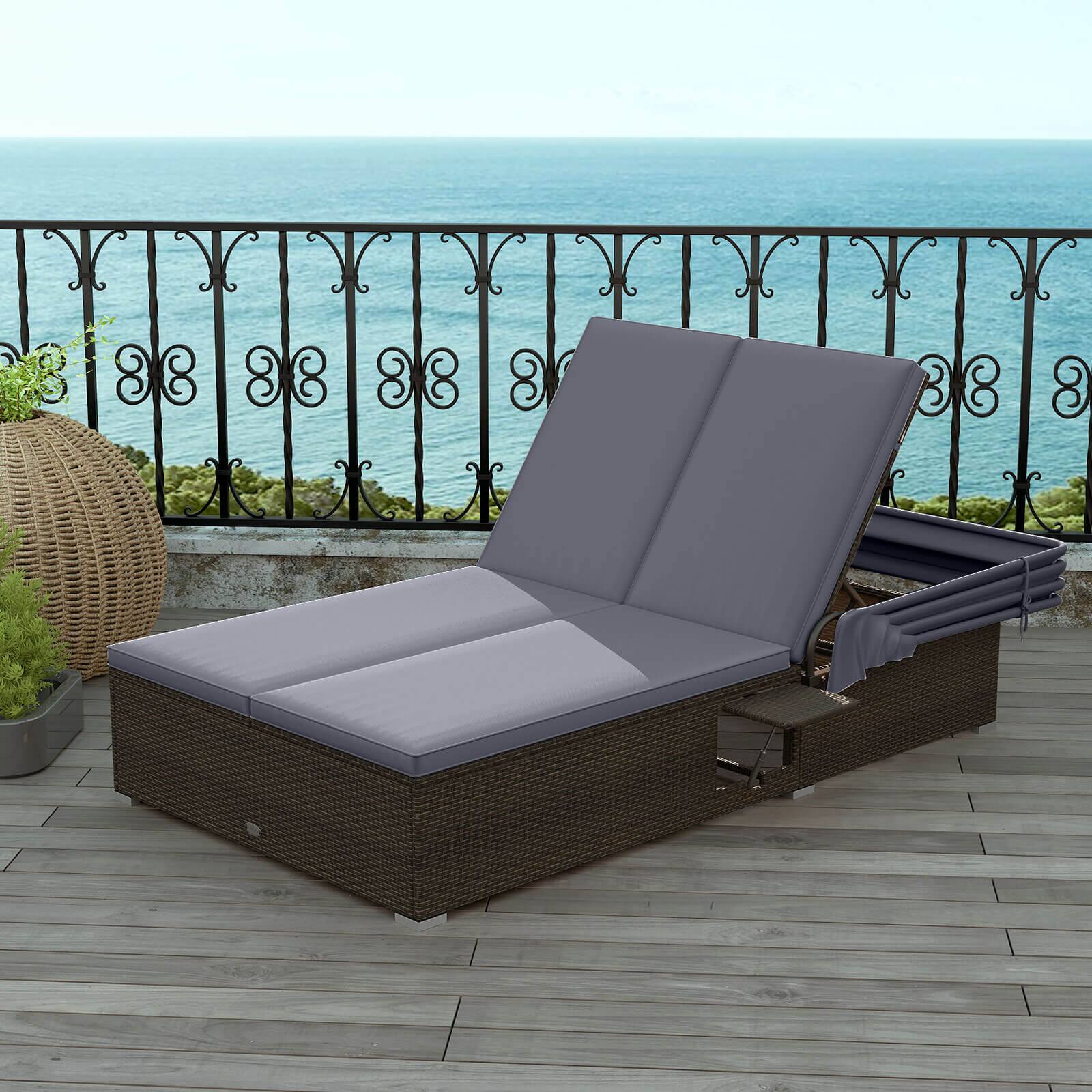 Alt View 3. Costway - Costway 2-person Rattan Lounge Bed with Retractable Canopy 5-position Adjustable Backrest - Mix Brown,Gray.