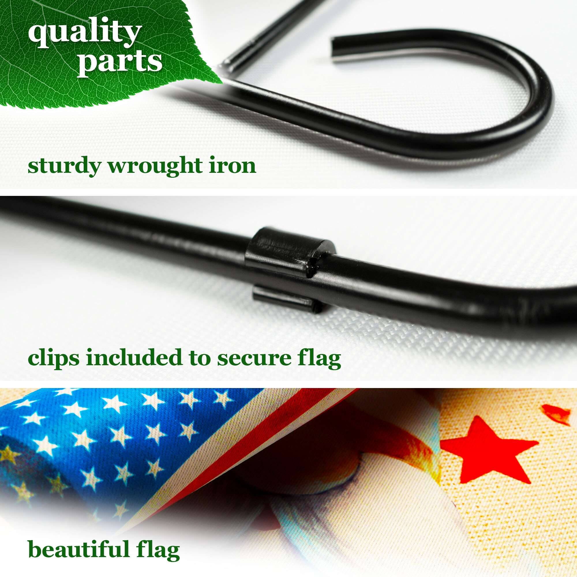 quality parts  
sturdy wrought iron  
clips included to secure flag  
beautiful flag