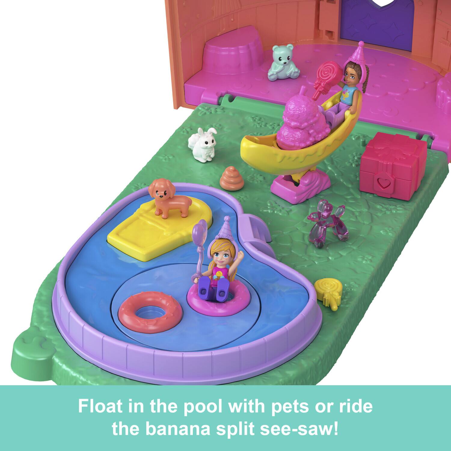 Float in the pool with pets or ride the banana split see-saw!