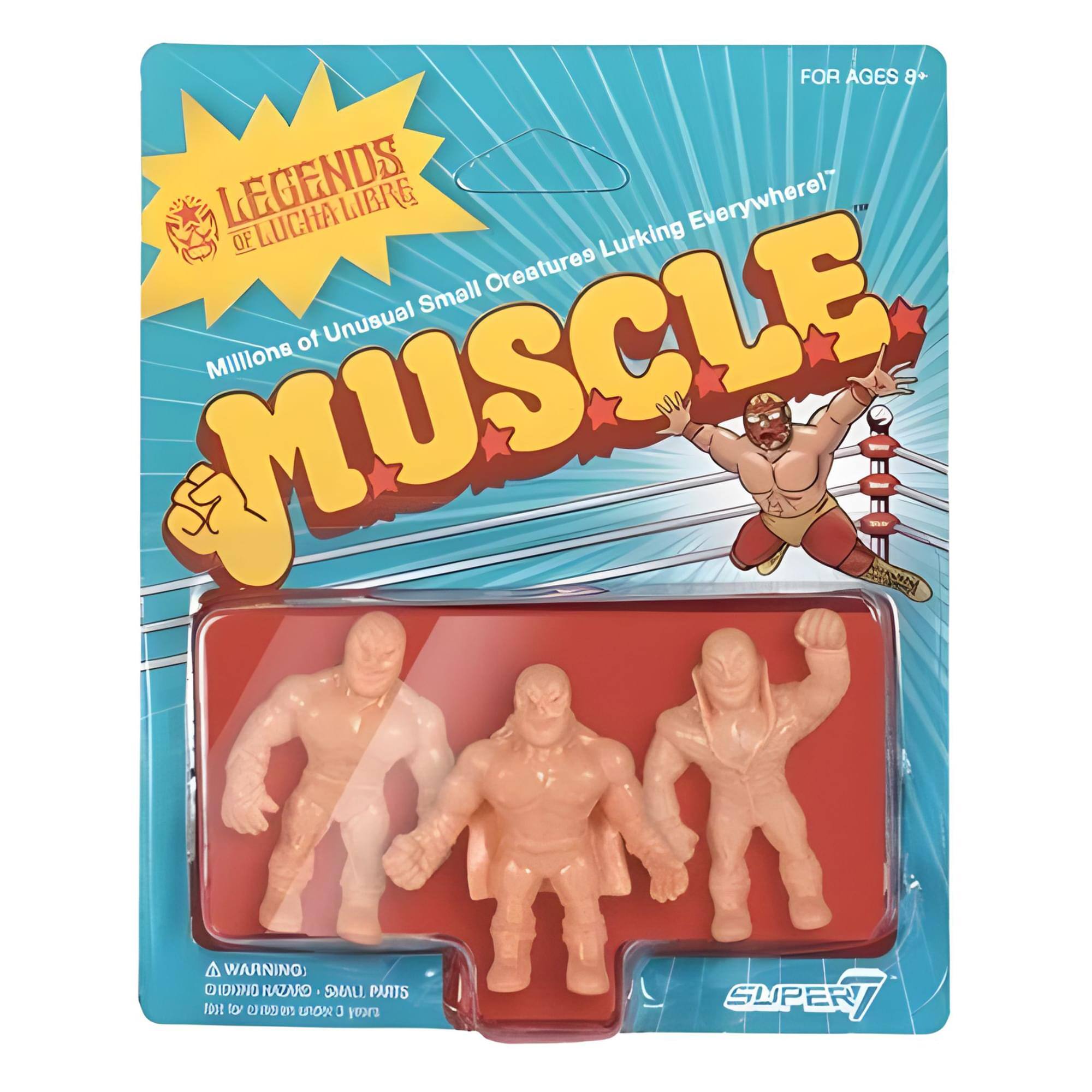 FOR AGES 8+  
LEGENDS OF LUCHA LIBRE  
Millions of Unusual Small Creatures Lurking Everywhere!  
MUSCLE  
WARNING: CHOKING HAZARD - SMALL PARTS  
Not for children under 3 years.  
SUPER7